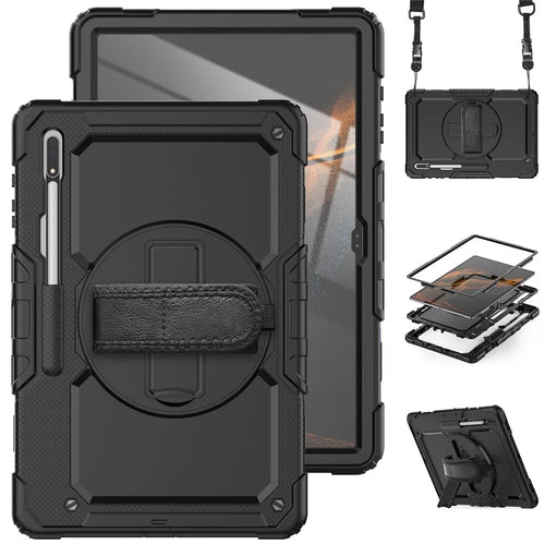 For Samsung Galaxy Tab S8 Ultra Wi-Fi SM-X900/5G SM-X906B/SM-X906U/SM-X906N 14.6-inch (2022) PC + Silicone + PET Screen Protector Swivel Kickstand Tablet Case with Shoulder Strap - All Black - 1