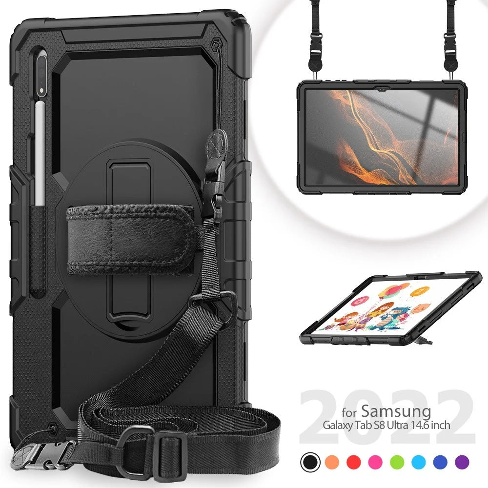 For Samsung Galaxy Tab S8 Ultra Wi-Fi SM-X900/5G SM-X906B/SM-X906U/SM-X906N 14.6-inch (2022) PC + Silicone + PET Screen Protector Swivel Kickstand Tablet Case with Shoulder Strap - All Black - 2
