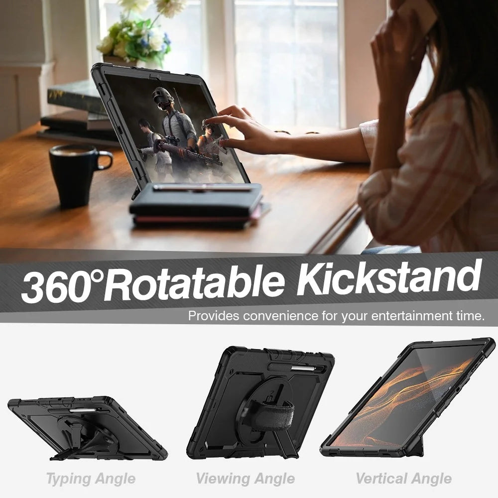 For Samsung Galaxy Tab S8 Ultra Wi-Fi SM-X900/5G SM-X906B/SM-X906U/SM-X906N 14.6-inch (2022) PC + Silicone + PET Screen Protector Swivel Kickstand Tablet Case with Shoulder Strap - All Black - 3