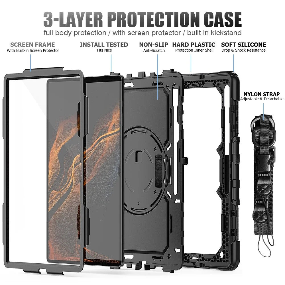 For Samsung Galaxy Tab S8 Ultra Wi-Fi SM-X900/5G SM-X906B/SM-X906U/SM-X906N 14.6-inch (2022) PC + Silicone + PET Screen Protector Swivel Kickstand Tablet Case with Shoulder Strap - All Black - 4