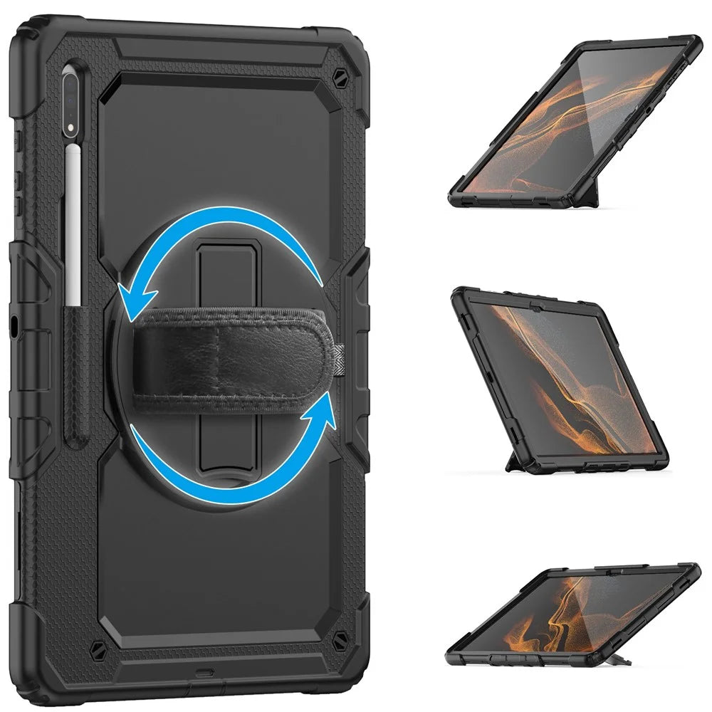For Samsung Galaxy Tab S8 Ultra Wi-Fi SM-X900/5G SM-X906B/SM-X906U/SM-X906N 14.6-inch (2022) PC + Silicone + PET Screen Protector Swivel Kickstand Tablet Case with Shoulder Strap - All Black - 7