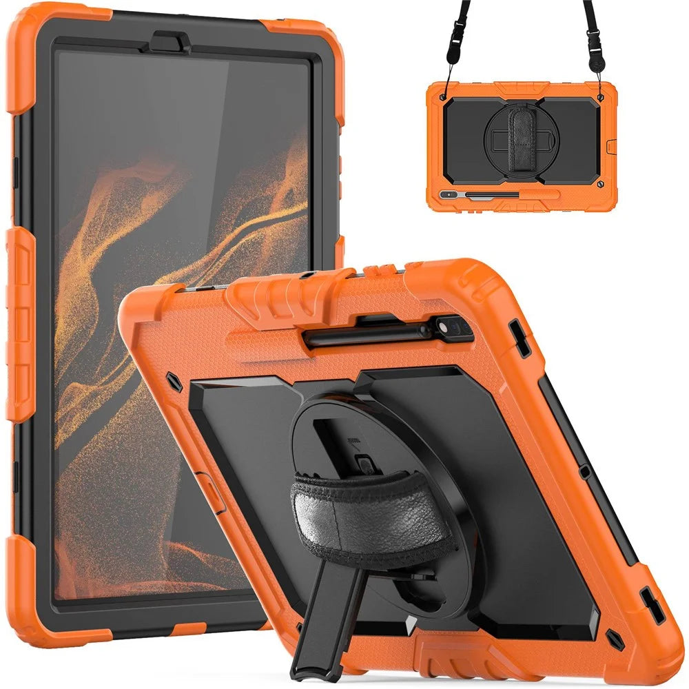 For Samsung Galaxy Tab S8+ Wi-Fi SM-X800/5G SM-X806B/SM-X806U/SM-X806N 12.4-inch (2022) Shoulder Strap Design PC + Silicone + PET Screen Protector Case with Kickstand - Black/Orange - 1