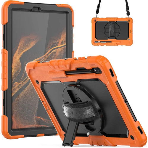 For Samsung Galaxy Tab S8+ Wi-Fi SM-X800/5G SM-X806B/SM-X806U/SM-X806N 12.4-inch (2022) Shoulder Strap Design PC + Silicone + PET Screen Protector Case with Kickstand - Black/Orange - 1