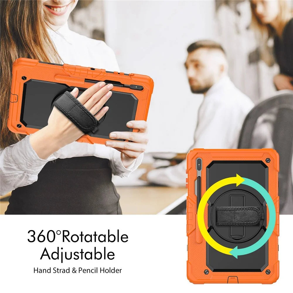 For Samsung Galaxy Tab S8+ Wi-Fi SM-X800/5G SM-X806B/SM-X806U/SM-X806N 12.4-inch (2022) Shoulder Strap Design PC + Silicone + PET Screen Protector Case with Kickstand - Black/Orange - 2