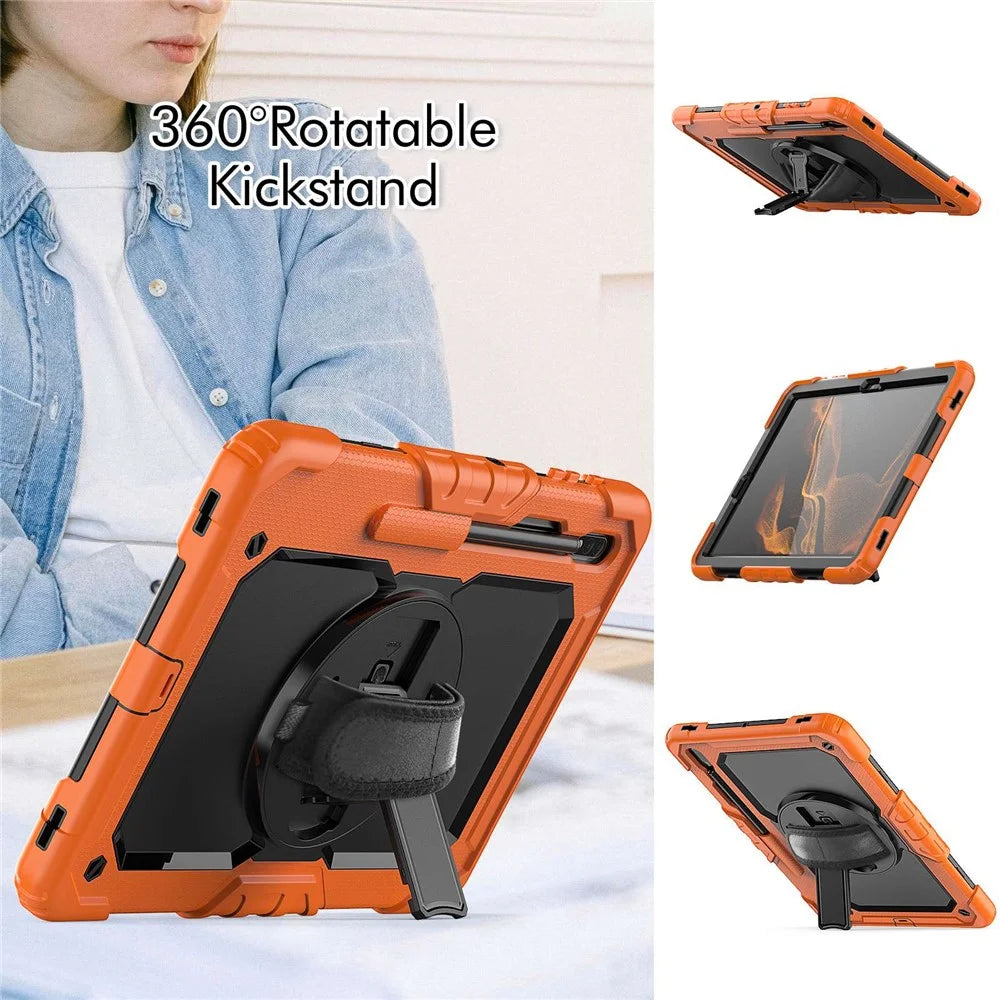 For Samsung Galaxy Tab S8+ Wi-Fi SM-X800/5G SM-X806B/SM-X806U/SM-X806N 12.4-inch (2022) Shoulder Strap Design PC + Silicone + PET Screen Protector Case with Kickstand - Black/Orange - 3