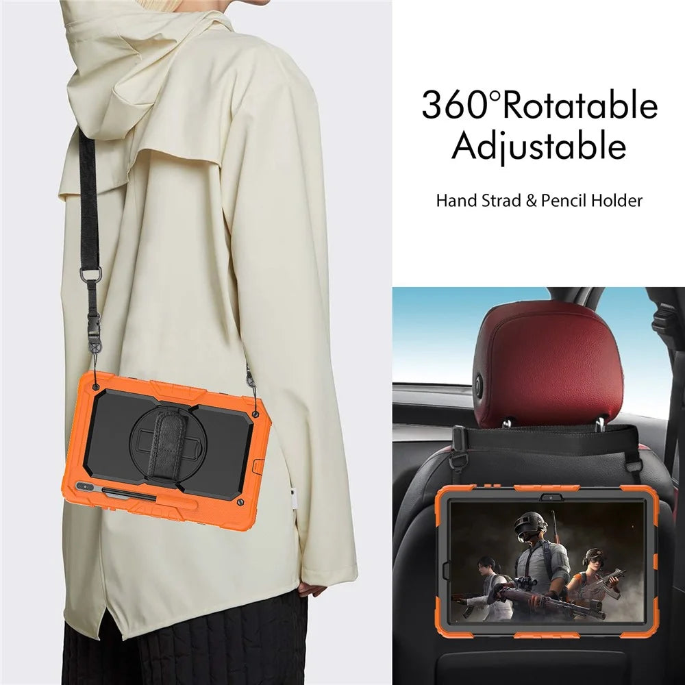 For Samsung Galaxy Tab S8+ Wi-Fi SM-X800/5G SM-X806B/SM-X806U/SM-X806N 12.4-inch (2022) Shoulder Strap Design PC + Silicone + PET Screen Protector Case with Kickstand - Black/Orange - 5