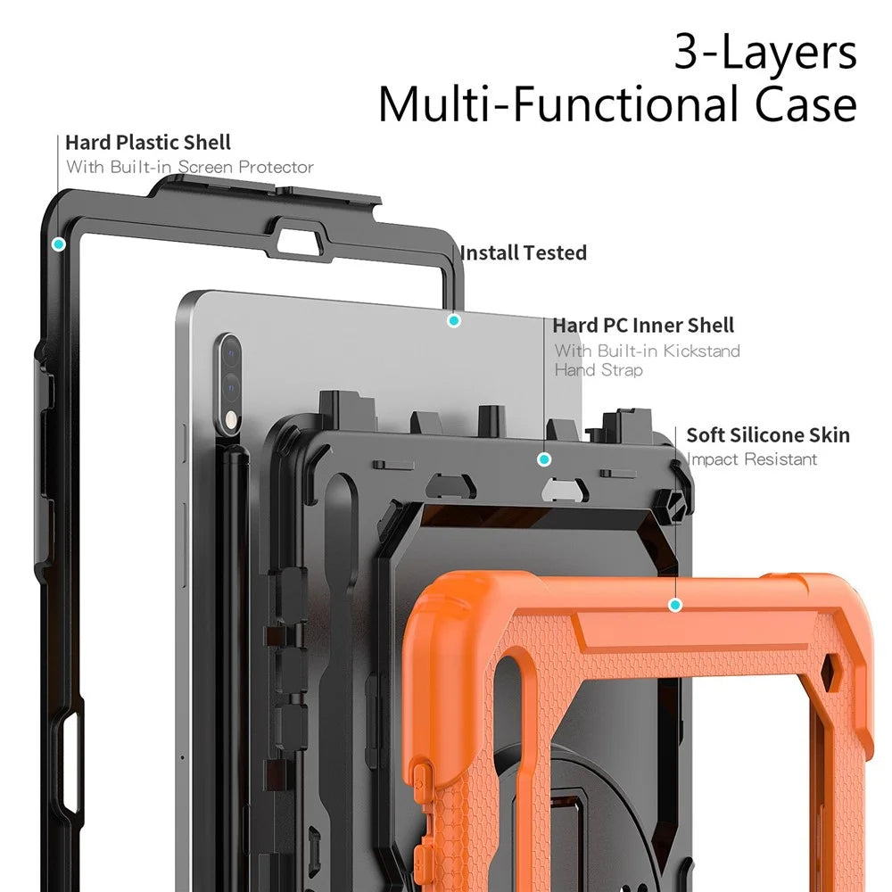 For Samsung Galaxy Tab S8+ Wi-Fi SM-X800/5G SM-X806B/SM-X806U/SM-X806N 12.4-inch (2022) Shoulder Strap Design PC + Silicone + PET Screen Protector Case with Kickstand - Black/Orange - 6
