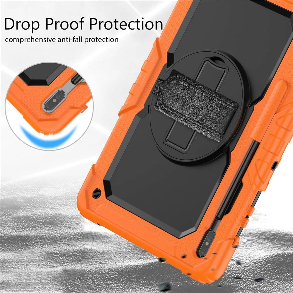 For Samsung Galaxy Tab S8+ Wi-Fi SM-X800/5G SM-X806B/SM-X806U/SM-X806N 12.4-inch (2022) Shoulder Strap Design PC + Silicone + PET Screen Protector Case with Kickstand - Black/Orange - 7