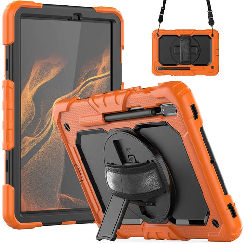 For Samsung Galaxy Tab S8 11-inch (2022) Wi-Fi SM-X700/S8 5G SM-X706 Anti-scratch PC + Silicone + PET Screen Protector Tablet Case Swivel Kickstand Cover with Shoulder Strap - Black/Orange - 1