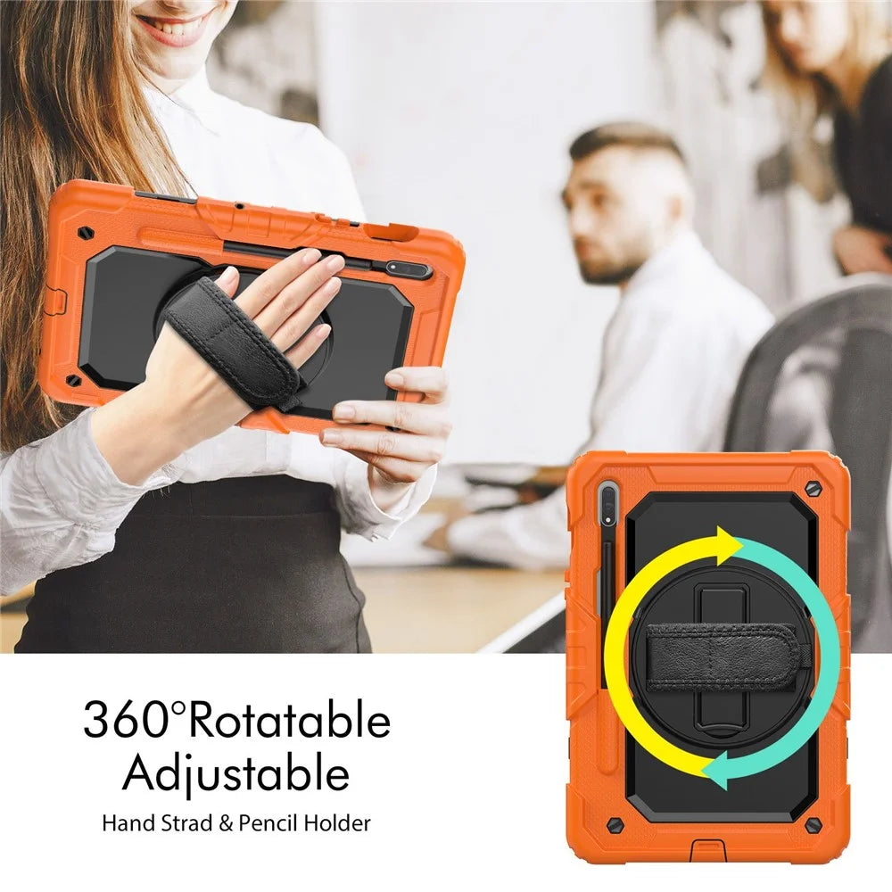 For Samsung Galaxy Tab S8 11-inch (2022) Wi-Fi SM-X700/S8 5G SM-X706 Anti-scratch PC + Silicone + PET Screen Protector Tablet Case Swivel Kickstand Cover with Shoulder Strap - Black/Orange - 2
