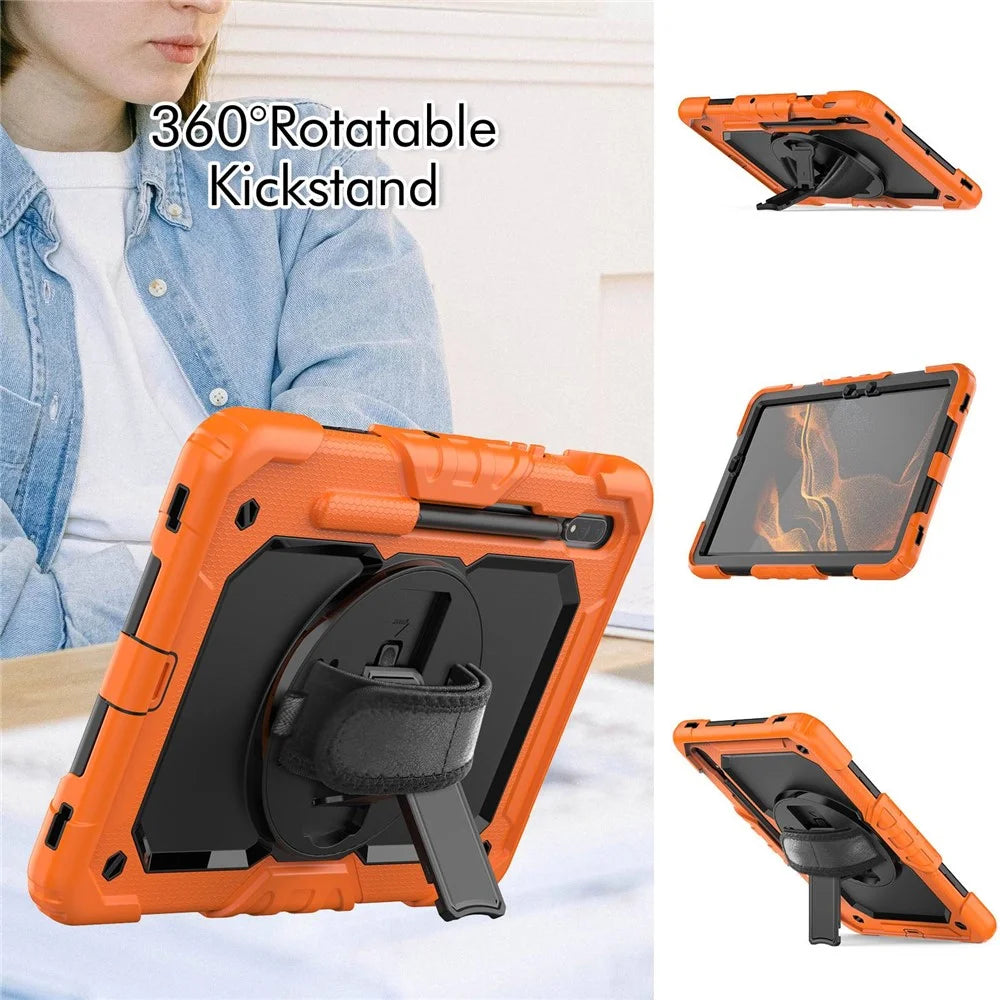 For Samsung Galaxy Tab S8 11-inch (2022) Wi-Fi SM-X700/S8 5G SM-X706 Anti-scratch PC + Silicone + PET Screen Protector Tablet Case Swivel Kickstand Cover with Shoulder Strap - Black/Orange - 3