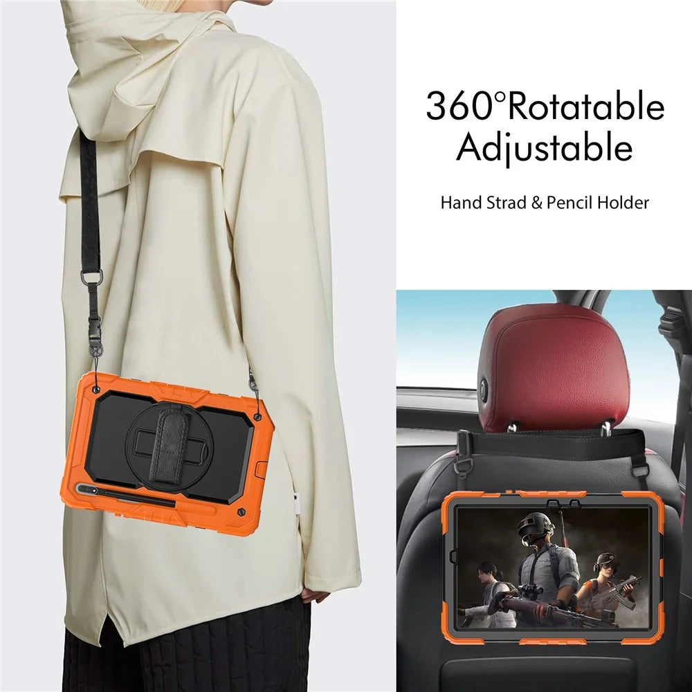 For Samsung Galaxy Tab S8 11-inch (2022) Wi-Fi SM-X700/S8 5G SM-X706 Anti-scratch PC + Silicone + PET Screen Protector Tablet Case Swivel Kickstand Cover with Shoulder Strap - Black/Orange - 5