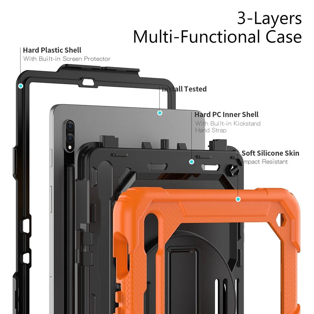 For Samsung Galaxy Tab S8 11-inch (2022) Wi-Fi SM-X700/S8 5G SM-X706 Anti-scratch PC + Silicone + PET Screen Protector Tablet Case Swivel Kickstand Cover with Shoulder Strap - Black/Orange - 6