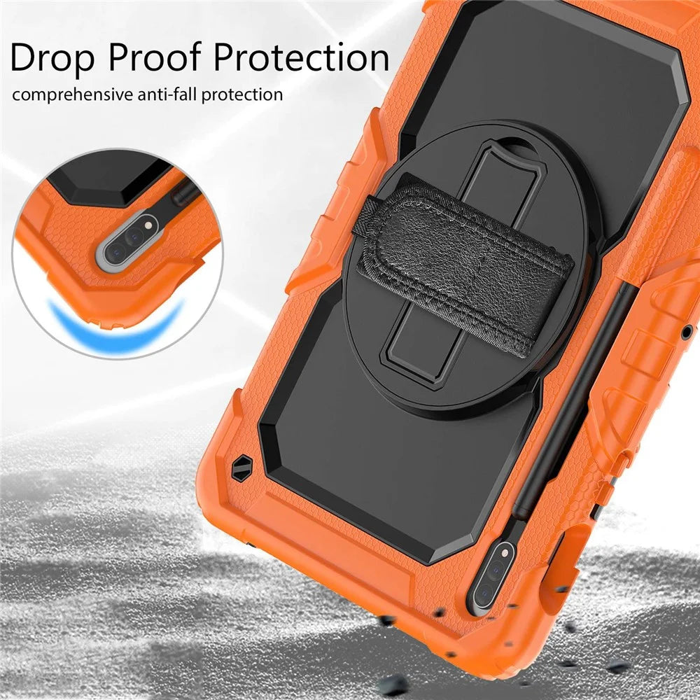 For Samsung Galaxy Tab S8 11-inch (2022) Wi-Fi SM-X700/S8 5G SM-X706 Anti-scratch PC + Silicone + PET Screen Protector Tablet Case Swivel Kickstand Cover with Shoulder Strap - Black/Orange - 7