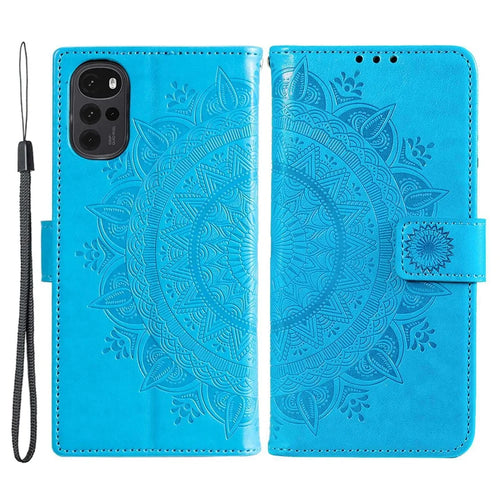 For Samsung Galaxy M53 5G Shockproof Wallet Stand Design Imprinted Flower PU Leather Phone Flip Cover Phone Case - Blue - 1