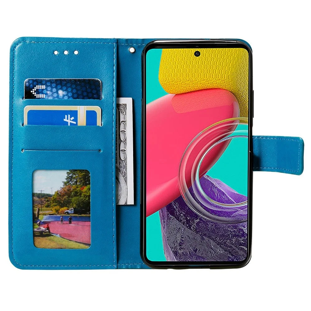 For Samsung Galaxy M53 5G Shockproof Wallet Stand Design Imprinted Flower PU Leather Phone Flip Cover Phone Case - Blue - 2
