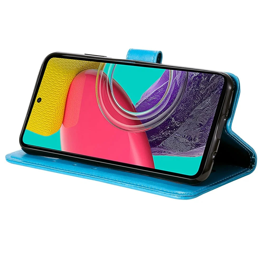 For Samsung Galaxy M53 5G Shockproof Wallet Stand Design Imprinted Flower PU Leather Phone Flip Cover Phone Case - Blue - 3