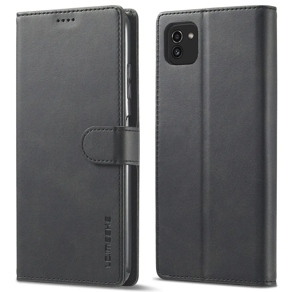 LC.IMEEKE for Samsung Galaxy A03 (164.2mm) Scratch Resistant Textured PU Leather Flip Folio Stand Wallet Case Mobile Phone Case Cover - Black - 1