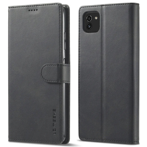 LC.IMEEKE for Samsung Galaxy A03 (164.2mm) Scratch Resistant Textured PU Leather Flip Folio Stand Wallet Case Mobile Phone Case Cover - Black - 1