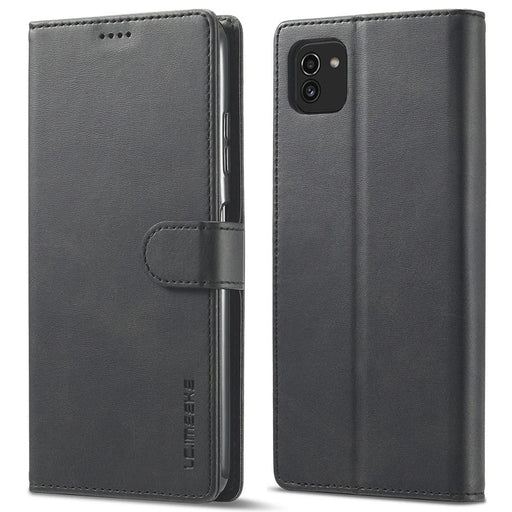 LC.IMEEKE for Samsung Galaxy A03 (164.2mm) Scratch Resistant Textured PU Leather Flip Folio Stand Wallet Case Mobile Phone Case Cover - Black - 1