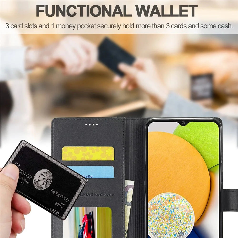 LC.IMEEKE for Samsung Galaxy A03 (164.2mm) Scratch Resistant Textured PU Leather Flip Folio Stand Wallet Case Mobile Phone Case Cover - Black - 6