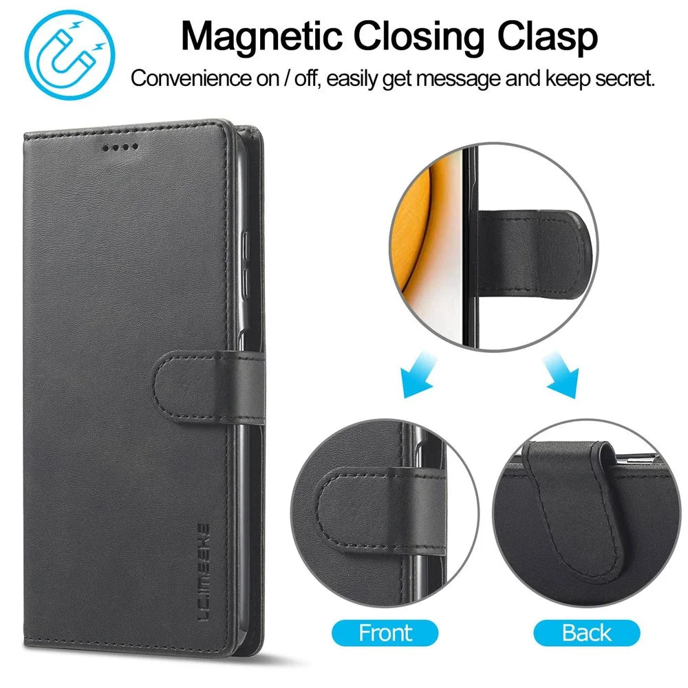LC.IMEEKE for Samsung Galaxy A03 (164.2mm) Scratch Resistant Textured PU Leather Flip Folio Stand Wallet Case Mobile Phone Case Cover - Black - 7