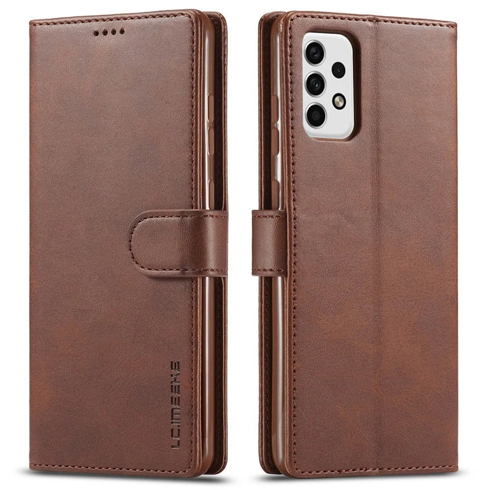 LC.IMEEKE for Samsung Galaxy A23 4G / 5G (Global Version) / M23 5G / F23 5G Shockproof Textured PU Leather Flip Folio Stand Wallet Case Mobile Phone Case Cover - Brown - 1