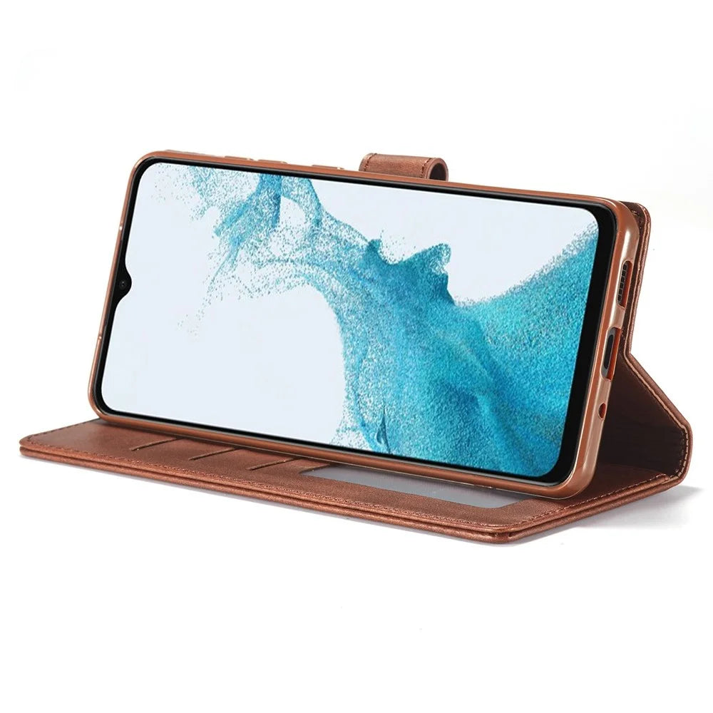 LC.IMEEKE for Samsung Galaxy A23 4G / 5G (Global Version) / M23 5G / F23 5G Shockproof Textured PU Leather Flip Folio Stand Wallet Case Mobile Phone Case Cover - Brown - 3