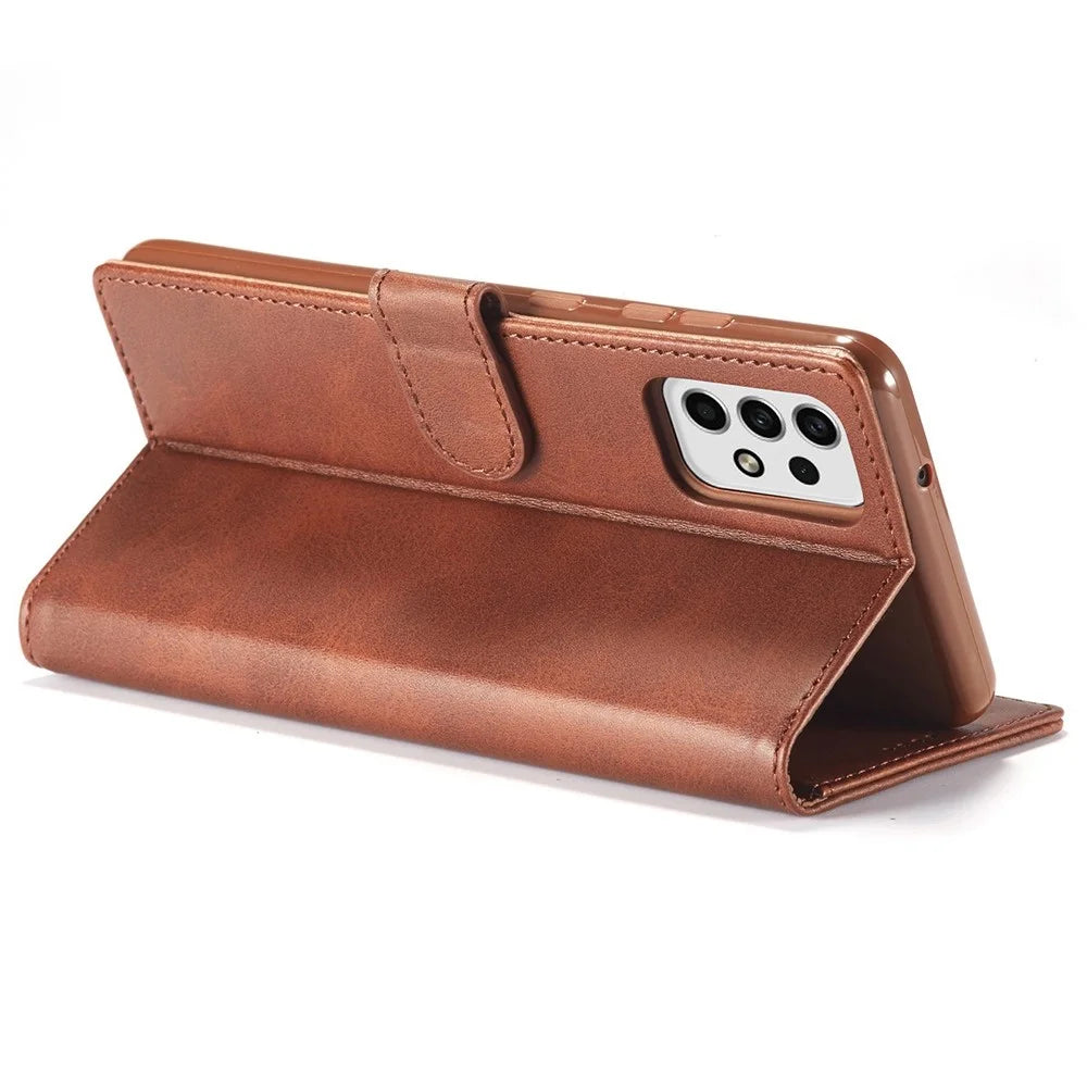 LC.IMEEKE for Samsung Galaxy A23 4G / 5G (Global Version) / M23 5G / F23 5G Shockproof Textured PU Leather Flip Folio Stand Wallet Case Mobile Phone Case Cover - Brown - 4