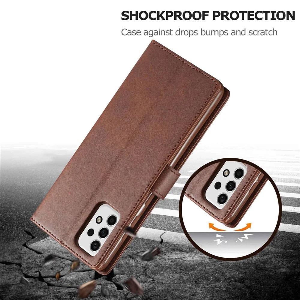 LC.IMEEKE for Samsung Galaxy A23 4G / 5G (Global Version) / M23 5G / F23 5G Shockproof Textured PU Leather Flip Folio Stand Wallet Case Mobile Phone Case Cover - Brown - 5
