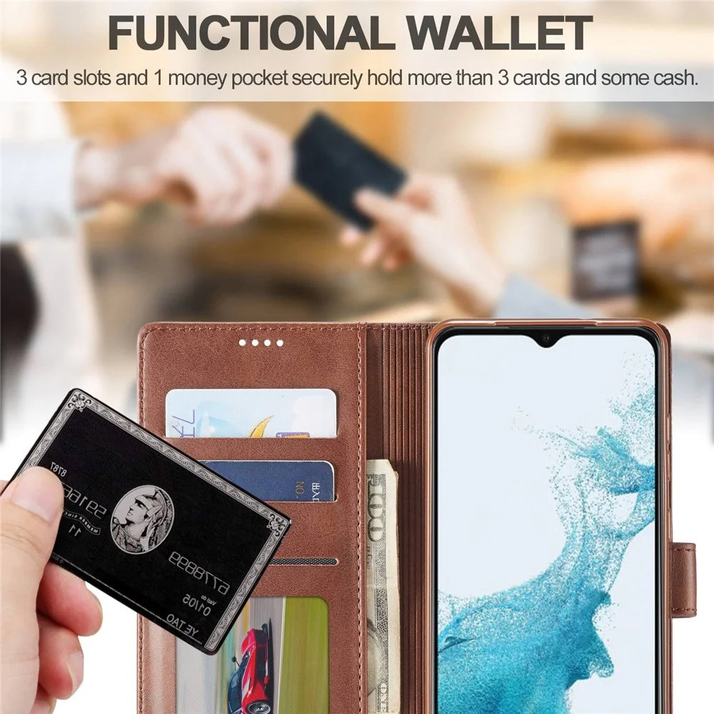 LC.IMEEKE for Samsung Galaxy A23 4G / 5G (Global Version) / M23 5G / F23 5G Shockproof Textured PU Leather Flip Folio Stand Wallet Case Mobile Phone Case Cover - Brown - 6