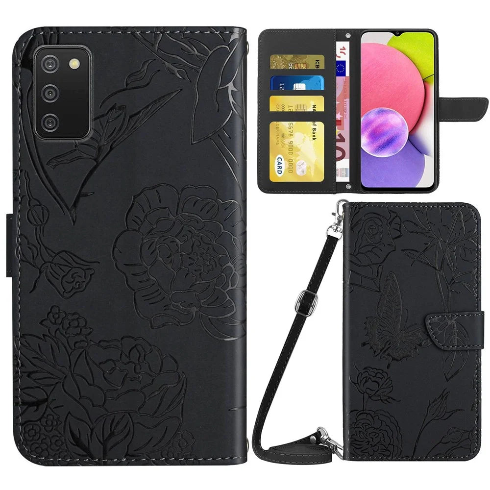For Samsung Galaxy A03s (165.8mm) (US) PU Leather Case Butterfly and Flower Imprint Stand Wallet Phone Cover with Shoulder Strap - Black - 1