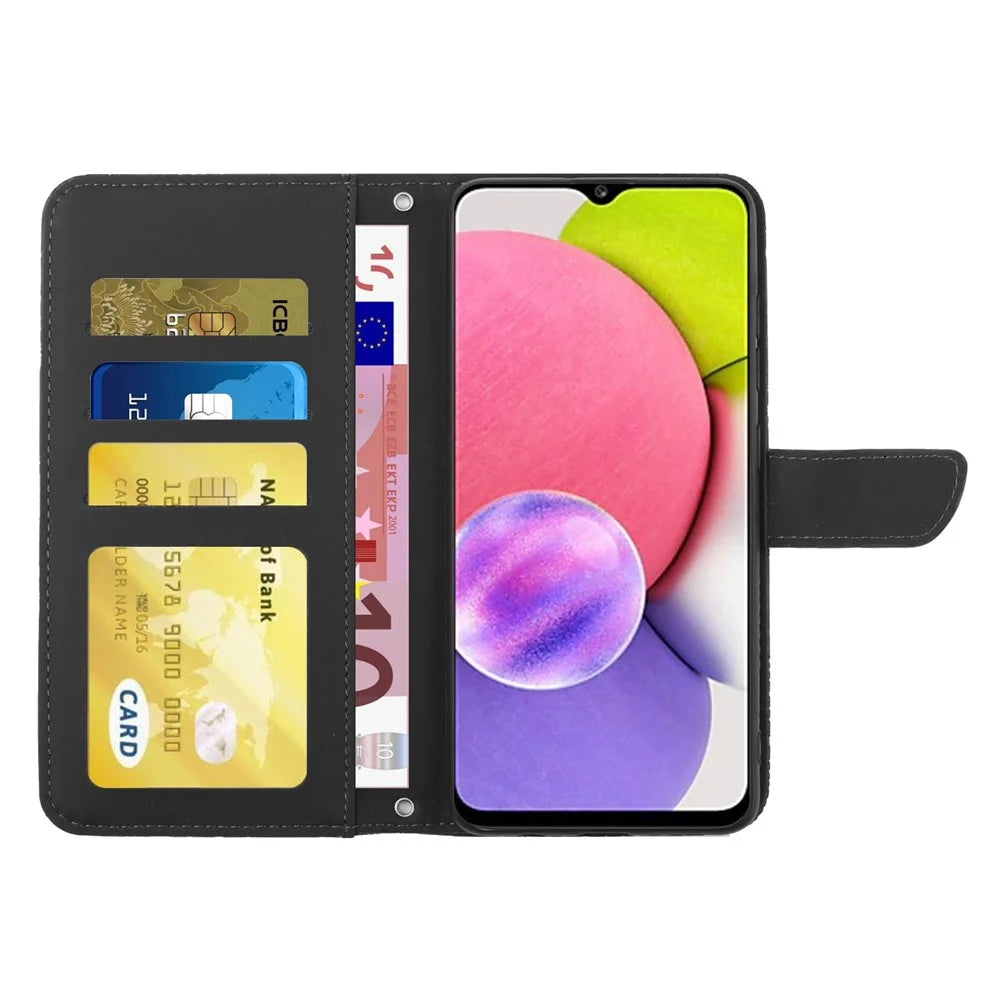 For Samsung Galaxy A03s (165.8mm) (US) PU Leather Case Butterfly and Flower Imprint Stand Wallet Phone Cover with Shoulder Strap - Black - 2