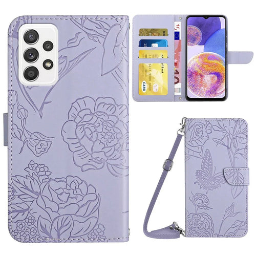 For Samsung Galaxy A23 5G (Global Version) / 4G Skin-touch Feel PU Leather Case, Butterfly and Flower Imprinting Pattern Supporting Stand Wallet Phone Cover with Shoulder Strap - Light Purple - 1