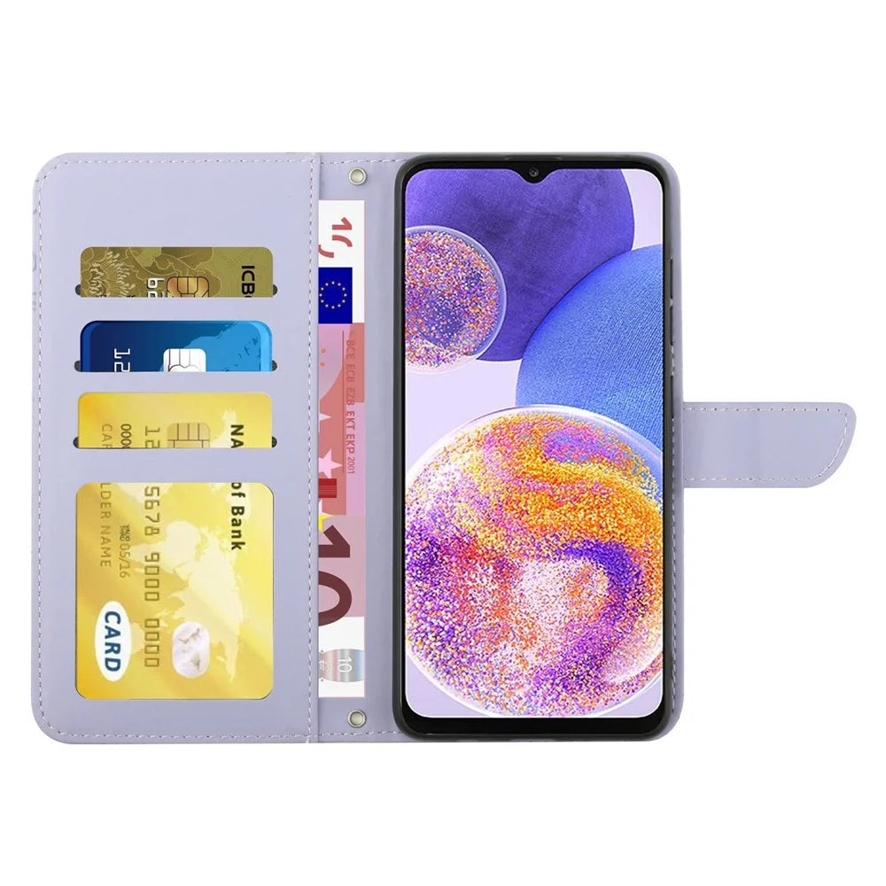 For Samsung Galaxy A23 5G (Global Version) / 4G Skin-touch Feel PU Leather Case, Butterfly and Flower Imprinting Pattern Supporting Stand Wallet Phone Cover with Shoulder Strap - Light Purple - 2
