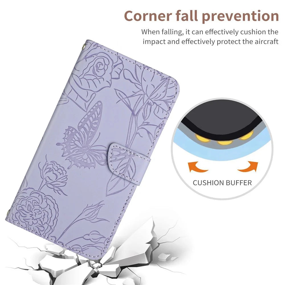 For Samsung Galaxy A23 5G (Global Version) / 4G Skin-touch Feel PU Leather Case, Butterfly and Flower Imprinting Pattern Supporting Stand Wallet Phone Cover with Shoulder Strap - Light Purple - 6
