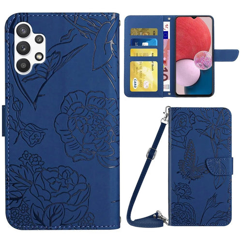 For Samsung Galaxy A13 4G Full Protection Smartphone Case, Skin-touch Feel PU Leather Butterfly and Flower Imprinting Pattern Supporting Stand Wallet Phone Cover with Shoulder Strap - Blue - 1