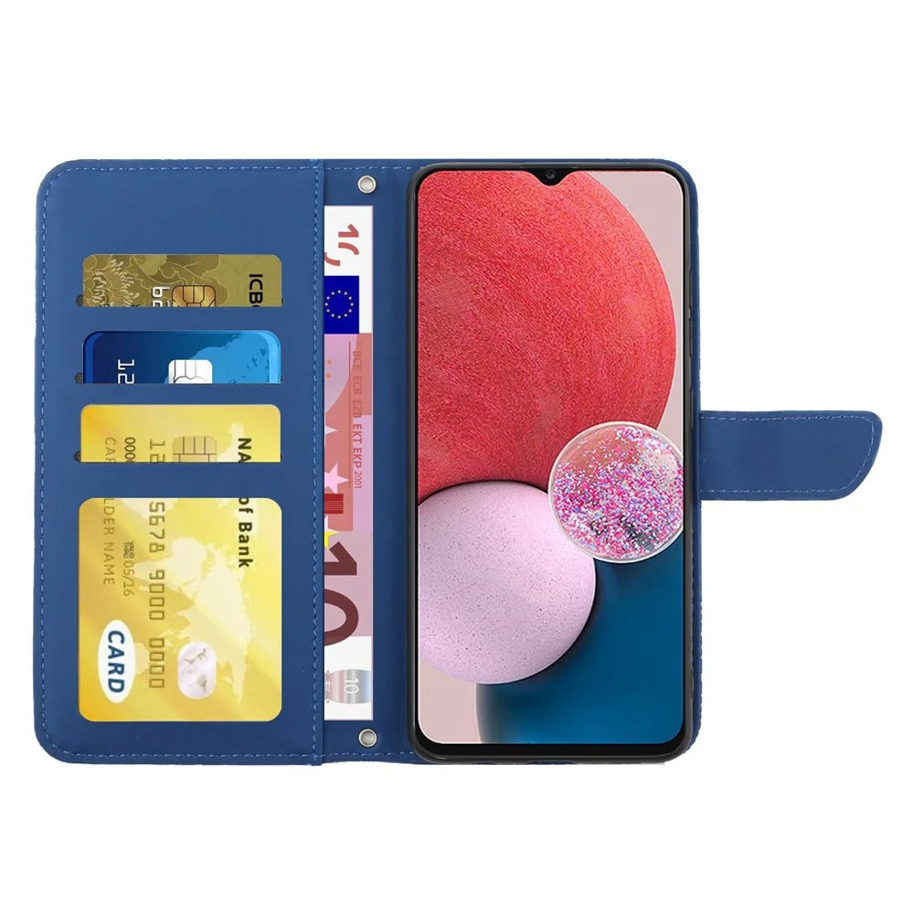 For Samsung Galaxy A13 4G Full Protection Smartphone Case, Skin-touch Feel PU Leather Butterfly and Flower Imprinting Pattern Supporting Stand Wallet Phone Cover with Shoulder Strap - Blue - 2