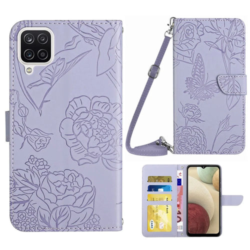 For Samsung Galaxy A12/M12/F12 Skin-touch Feeling PU Leather Mobile Phone Case Bag Imprinting Butterflies Flower Pattern Stand Wallet Cover with Shoulder Strap - Light Purple - 1
