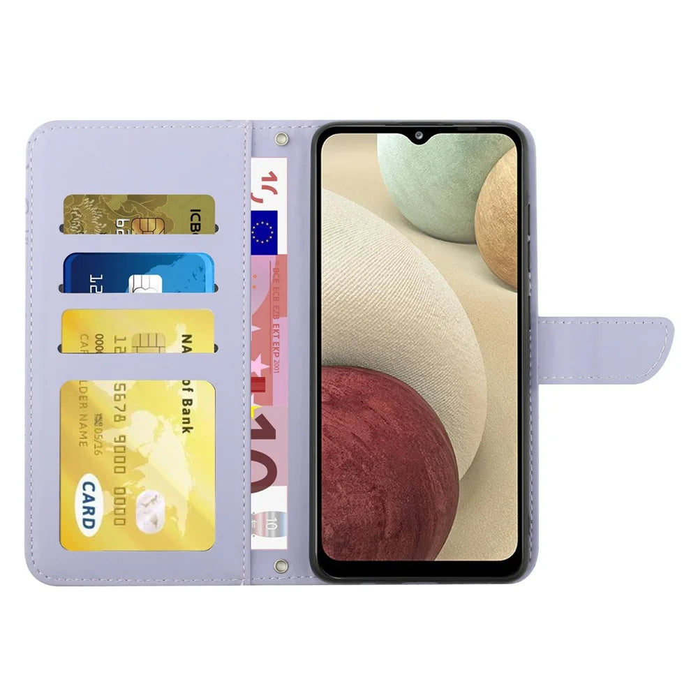 For Samsung Galaxy A12/M12/F12 Skin-touch Feeling PU Leather Mobile Phone Case Bag Imprinting Butterflies Flower Pattern Stand Wallet Cover with Shoulder Strap - Light Purple - 2