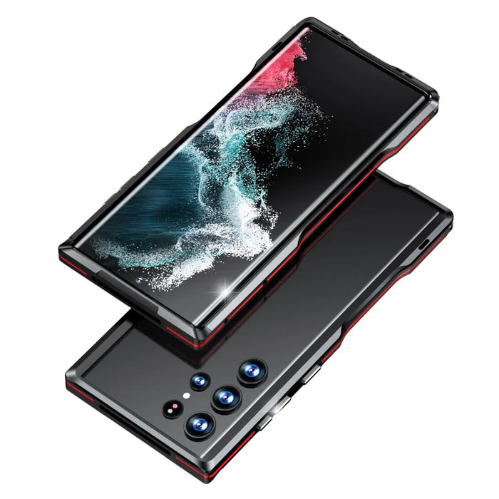LUPHIE for Samsung Galaxy S22 Ultra 5G Drop-proof Anti-scratch Metal Frame Armor Bumper Case - Red/Black - 1