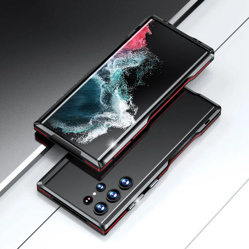 LUPHIE for Samsung Galaxy S22 Ultra 5G Drop-proof Anti-scratch Metal Frame Armor Bumper Case - Red/Black - 2