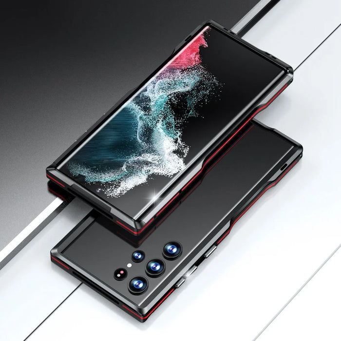 LUPHIE for Samsung Galaxy S22 Ultra 5G Drop-proof Anti-scratch Metal Frame Armor Bumper Case - Red/Black - 2