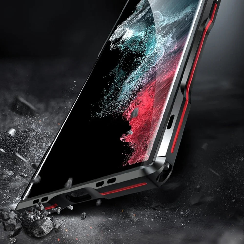 LUPHIE for Samsung Galaxy S22 Ultra 5G Drop-proof Anti-scratch Metal Frame Armor Bumper Case - Red/Black - 5
