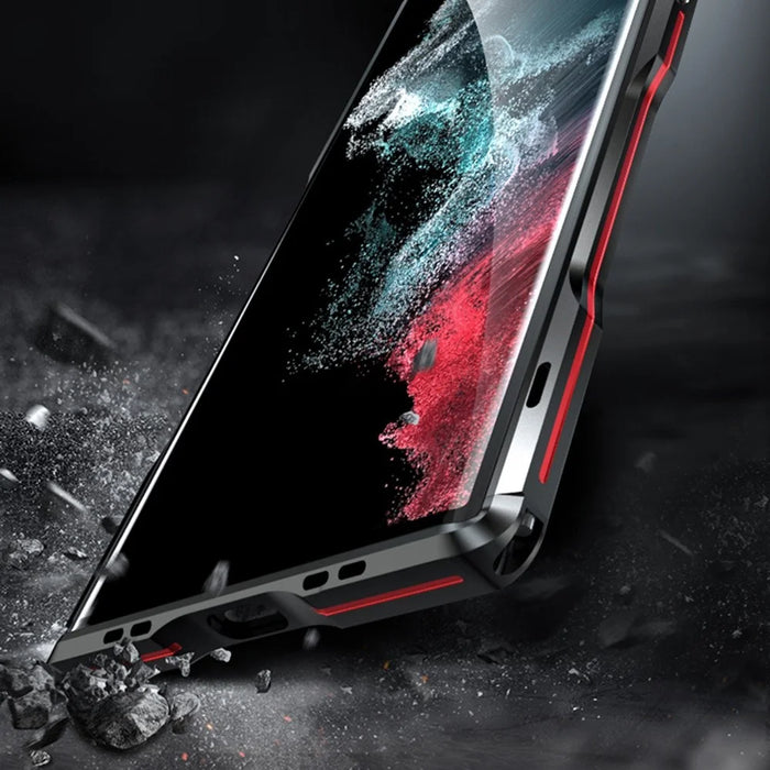 LUPHIE for Samsung Galaxy S22 Ultra 5G Drop-proof Anti-scratch Metal Frame Armor Bumper Case - Red/Black - 5