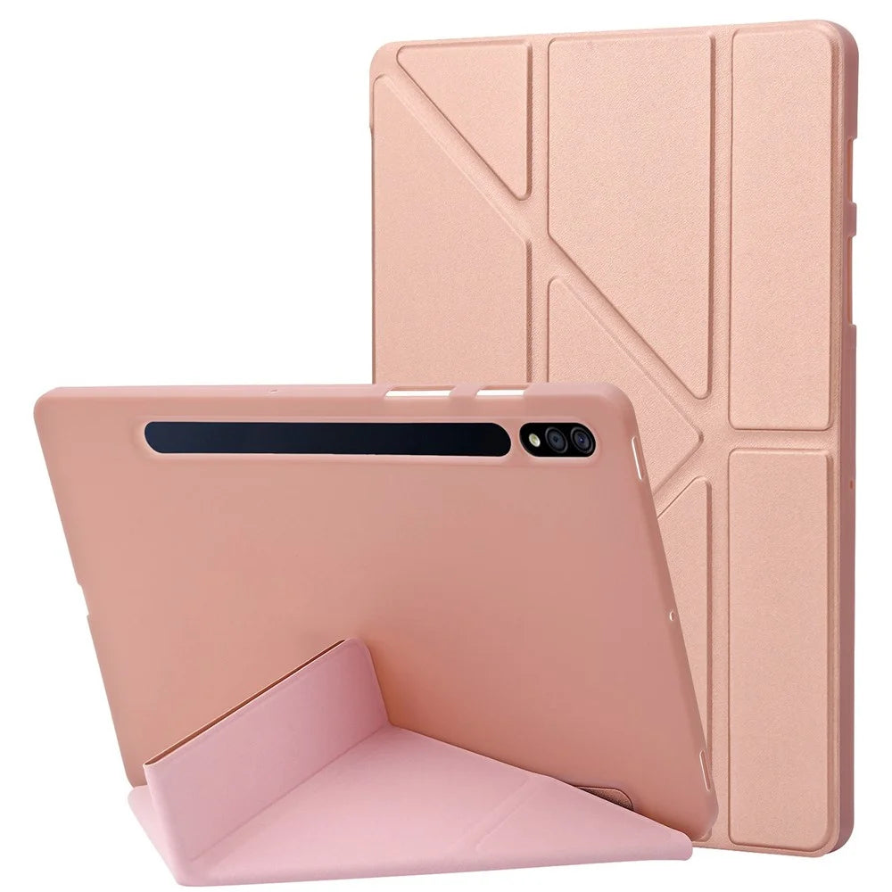 For Samsung Galaxy Tab S8 V-fold Stand Silicone + Leather Tablet Case Auto Wake/Sleep Function Cover - Rose Gold - 1