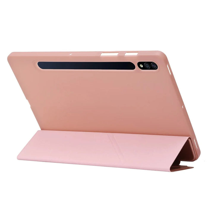 For Samsung Galaxy Tab S8 V-fold Stand Silicone + Leather Tablet Case Auto Wake/Sleep Function Cover - Rose Gold - 5