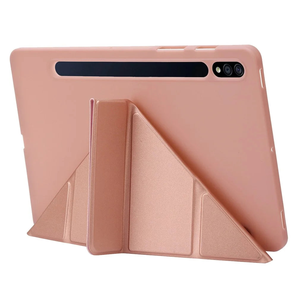 For Samsung Galaxy Tab S8+ Silicone + Leather V-fold Stand Tablet Case Auto Wake/Sleep Function Shockproof Cover - Rose Gold - 3