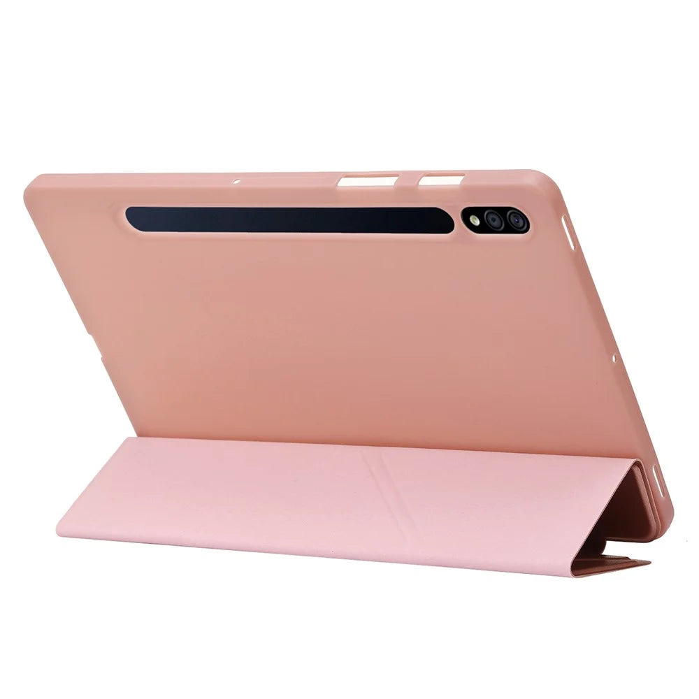 For Samsung Galaxy Tab S8+ Silicone + Leather V-fold Stand Tablet Case Auto Wake/Sleep Function Shockproof Cover - Rose Gold - 5