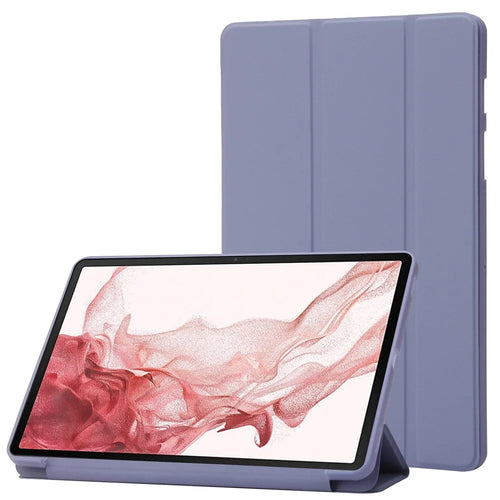 For Samsung Galaxy Tab S8+ Auto Wake/Sleep Function Anti-scratch Soft Silicone+Leather Cover Three-fold Stand Well-protected Tablet Case - Purple - 1